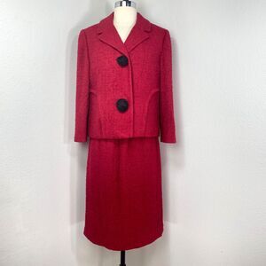Vintage 60s I Magnin Red 2-Piece Wool Boucle Suit Skirt Blazer Med DeadStock